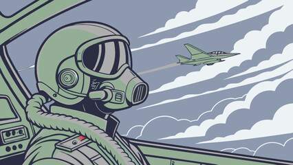 Fototapeta premium Fighter Pilot Cockpit Perspective: High-Flying Mission Amid Clouds