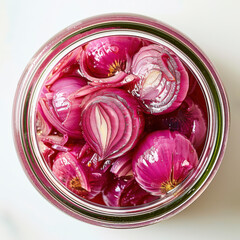 Fototapeta premium Pickled red onions in glass jar on white background