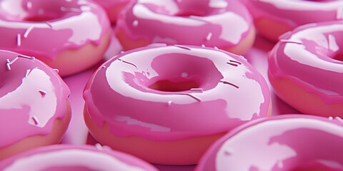 Donuts with pink glaze arranged in a repeating pattern. Bright and appetizing pastry background for bakery, dessert and food concepts.