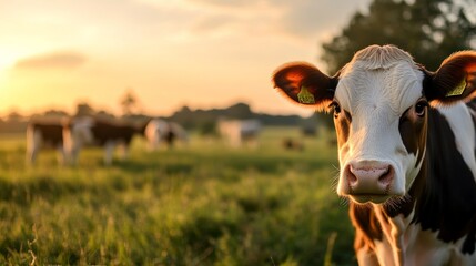 A group of cows calmly waiting their turn for milking, peaceful farm atmosphere, golden hour lighting,