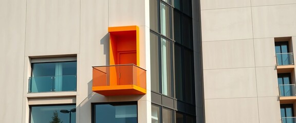 Sleek modern building, vibrant orange balcony contrasting against neutral facade, building detail, copy space