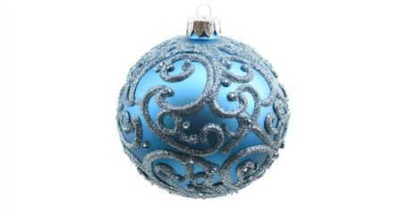 Round, light blue Christmas ornament with a silver, ornate design