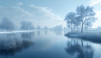Fototapeta premium Frozen river landscape, serene winter scene