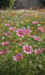 Cosmos flowers in a sunny garden, petals unfurled , colorful, wildflower