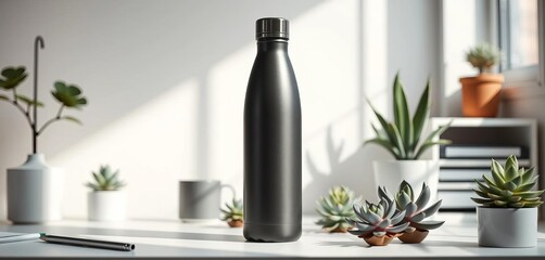 Fototapeta premium Sleek reusable bottle sits amidst minimalist desk, succulents, natural light, bright, interior