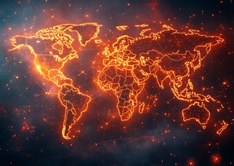 Global network map, fiery orange outline