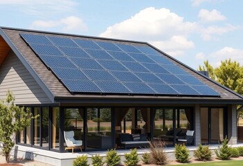 Sleek solar panels seamlessly integrated into a modern home's sloped roof, large windows showcasing natural light,  landscape,  rooftop
