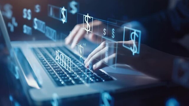 Hands typing on laptop with digital currency symbols representing online finance.