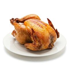 whole roasted chicken on white plate isolated on white background