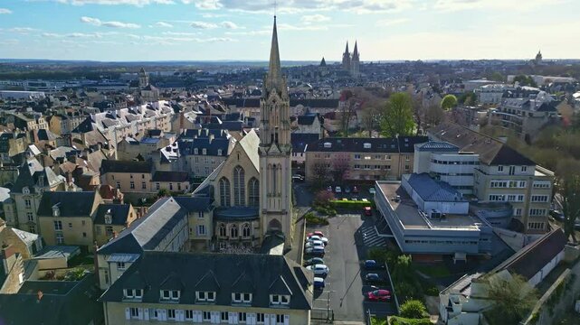 Chapel of Misericorde Convent, Caen in Normandy, France. Aerial drone approach