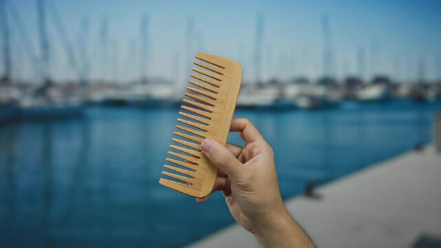 Man holding wooden comb by the seaside with blurred boats in the background at a port, highlighting outdoor maritime scenery.