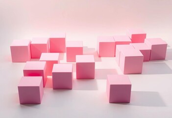 Fototapeta premium Soft, pastel pink cubes arranged on a minimalist, light grey backdrop, surface, light