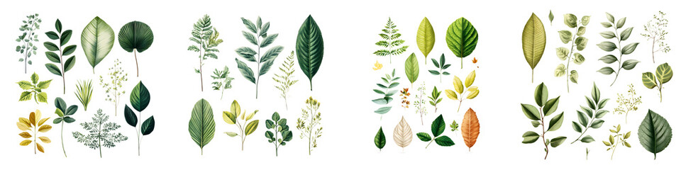 Lush green botanical leaves in various shapes and sizes, showcasing a vibrant palette of greens and earthy tones, perfect for nature-inspired designs and backgrounds
