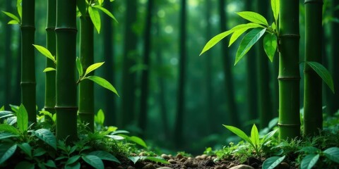 Obraz premium Serene Bamboo Grove Lush Green Stalks and Vibrant New Growth in a Tranquil Forest Setting