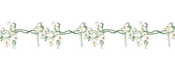 Orchid flowers and tropical liana with green leaves watercolor illustration isolated. Seamless border of blooming climbing plant for jungle design. Hand drawn yellow phalaenopsis in realistic style.