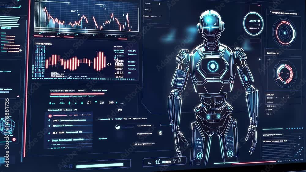 Aufkleber High tech AI robot chat application dashboard displaying real-time analytics and interactive features, AI robot chat application, high tech dashboard, software interface