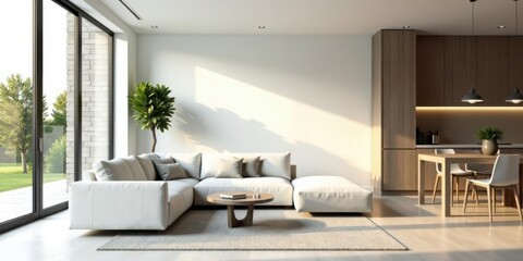 Modern Sectional Sofa in Sunlit Open Plan Living Space with Minimalist Kitchen