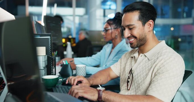 Computer, smile and typing with programmer man at desk in office for coworking or software development. Business, coding and programming with happy developer in workplace for virtual engineering