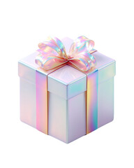 Obraz premium Pastel Iridescent Gift Box with Pink Bow on Transparent Background, PNG