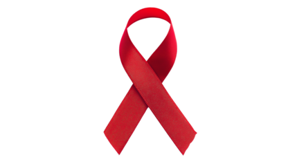 A red ribbon with a white background. It is a ribbon for breast cancer awareness