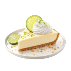 Creamy Key Lime Pie Slice with Whipped Cream and Lime Garnish on a White Plate on transparent background