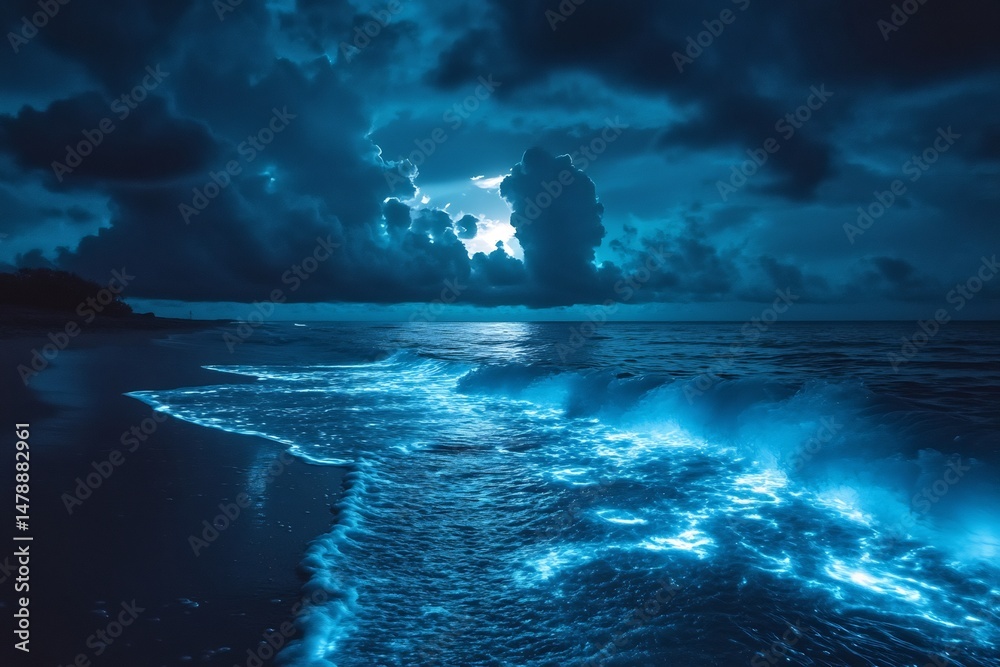 Fototapete alien planets ocean with bioluminescent coral structures casting soft light under the dark water cre