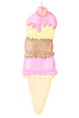 Watercolor three scoops of ice cream cone with a cherry fruit on top