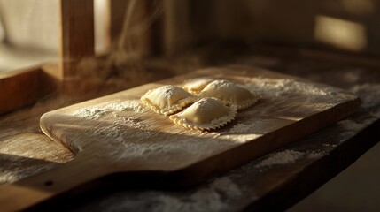 Homemade pasta dumplings on wooden board