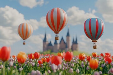 Obraz premium Colorful hot air balloons over a field of tulips, with a medieval castle in the background. A whimsical scene of adventure and joy