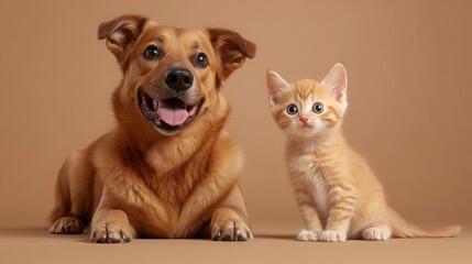 Happy ginger dog and cute orange kitten posing together on a brown background Adorable pets