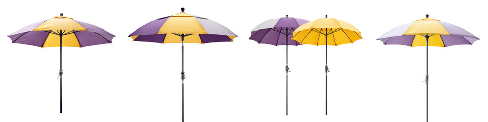 Vibrant, spacious patio umbrellas in purple and yellow, perfect for outdoor events, offering shade and protection, enhancing garden aesthetics, and ideal for relaxing summer days.