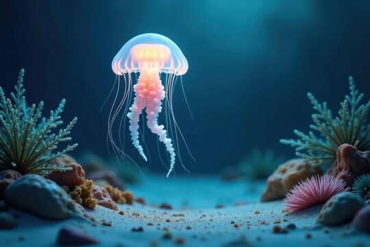 An ethereal jellyfish gracefully floats above a serene underwater landscape, its bioluminescent bell illuminating the ocean floor, surrounded by vibrant coral and delicate sea flora