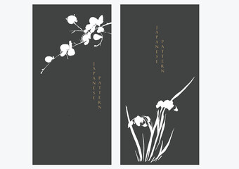 Gold cherry blossom flower and orchid flower brush stroke element with black background vector. Abstract art natural pattern texture