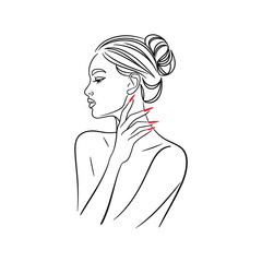 Minimal Line Art Woman Touching Neck with Red Pain Marks