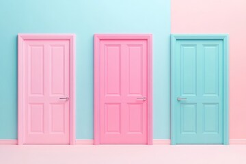 Obraz premium Three pastel-colored doors against a split-toned wall