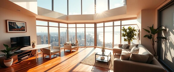 Fototapeta premium Sun-drenched living room, hardwood floors, stunning city & water view, home, windows