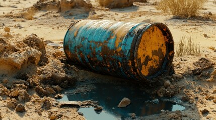 Abandoned rusted barrel in desert