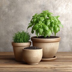 Fototapeta premium Fresh Basil Thyme and Peppercorns in Terracotta Pots on Rustic Wood