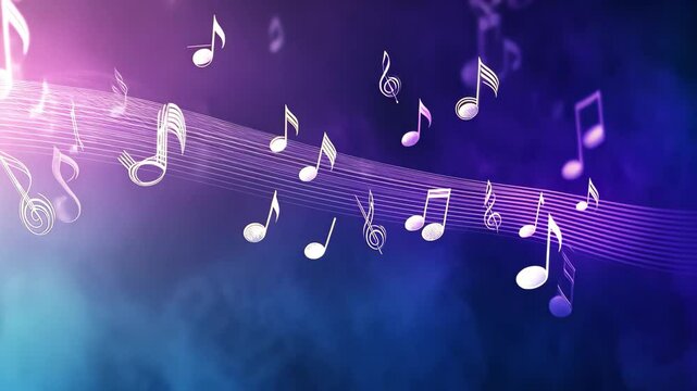 Colorful animated background featuring musical notes and vibrant digital effects for creative projects, Animated background with musical notes, Music notes flowing, flying stream