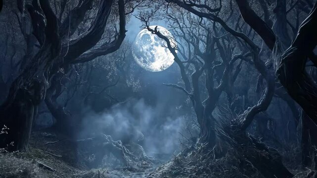 Eerie moonlit forest with twisted trees creates a haunting atmosphere at night, Eerie moonlit forest with twisted trees, horror video background