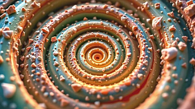 spiral pattern composed of vibrant colors primarily orange green blue creating hypnotic effect. spiral surrounded small triangular-shaped objects that appear to textured scattered evenly...