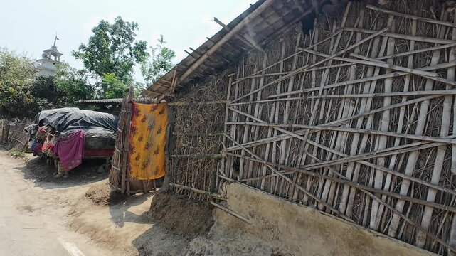 Traditional Rural Village Scene with Mud Huts, Bihar, India 