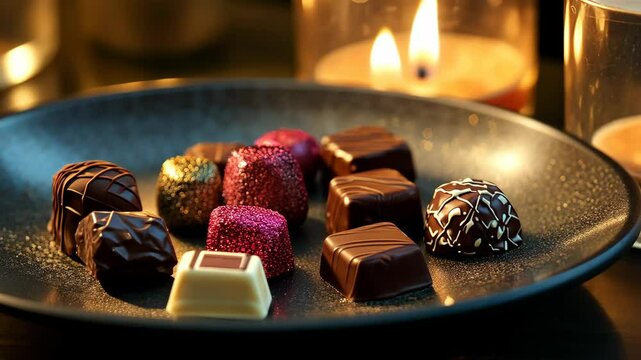 A glowing plate of handcrafted chocolates styled for luxury gift services. background