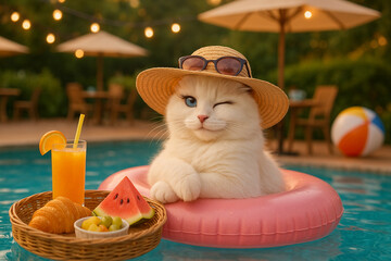 Adorable white kitten relaxing on a pink pool float, winking playfully with long eyelashes—perfect blend of summer vibes and cuteness overload