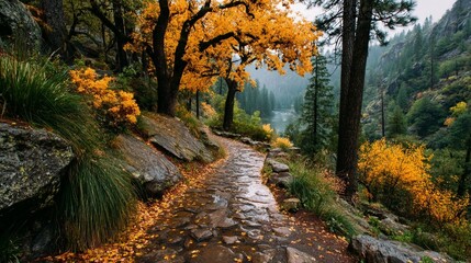 Obraz premium Tranquil Autumn Hillside with Golden Leaves/黄金の秋の丘：静かな小道8