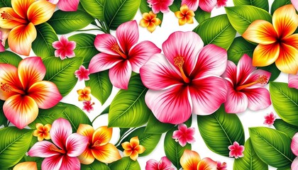 Fototapeta premium Seamless tropical hibiscus plumeria floral pattern on white background Lush green leaves, vintage aesthetic Ideal summer wallpaper, vibrant, floral pattern