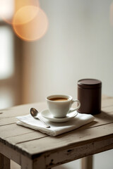 A Cup of Coffee on a Rustic Wooden Table with Soft Bokeh