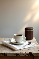 A Cup of Coffee on a Rustic Wooden Table with Soft Bokeh