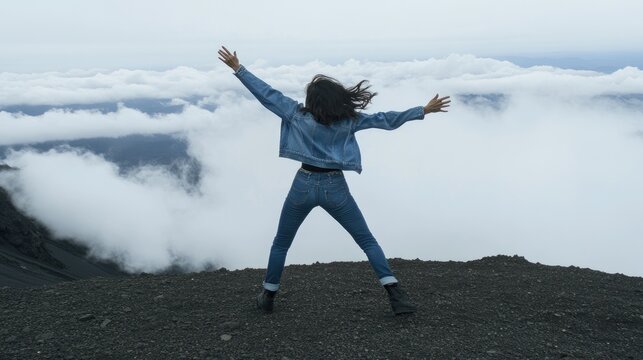 Woman celebrating on a volcanic mountaintop above clouds.
