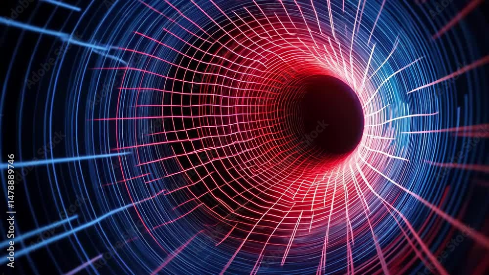 Poster vibrant wormhole tunnel with blue and red flashing grid showcasing dynamic patterns and depth, 3d wo